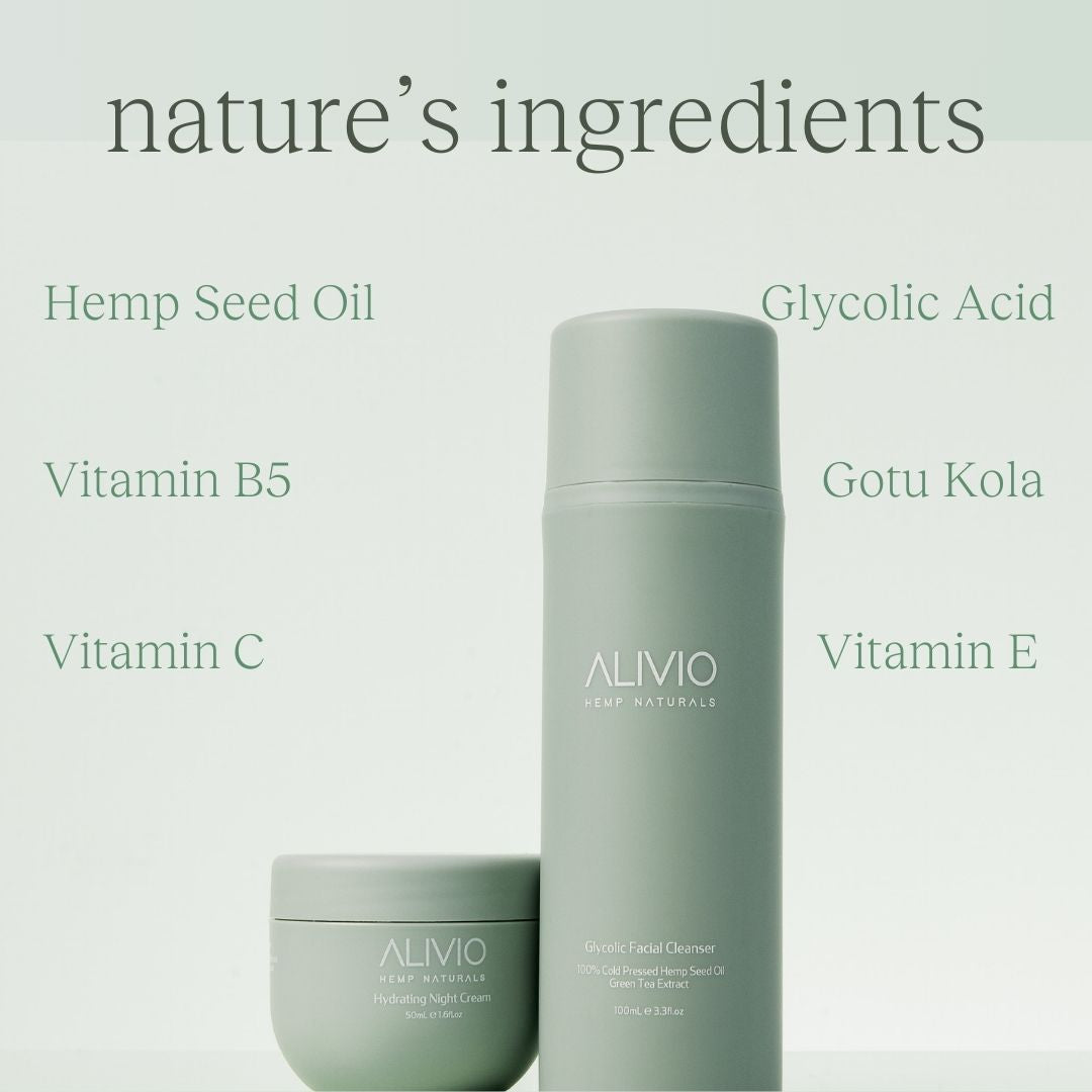 Alivio Wellness Sleep Bundle: Glycolic Acid Cleanser (exfoliates with AHA) and Hydrating Night Cream (nourishes with Hemp Seed Oil, Vitamin B5, and Got Kola). Promotes brighter and healthier skin while you sleep.