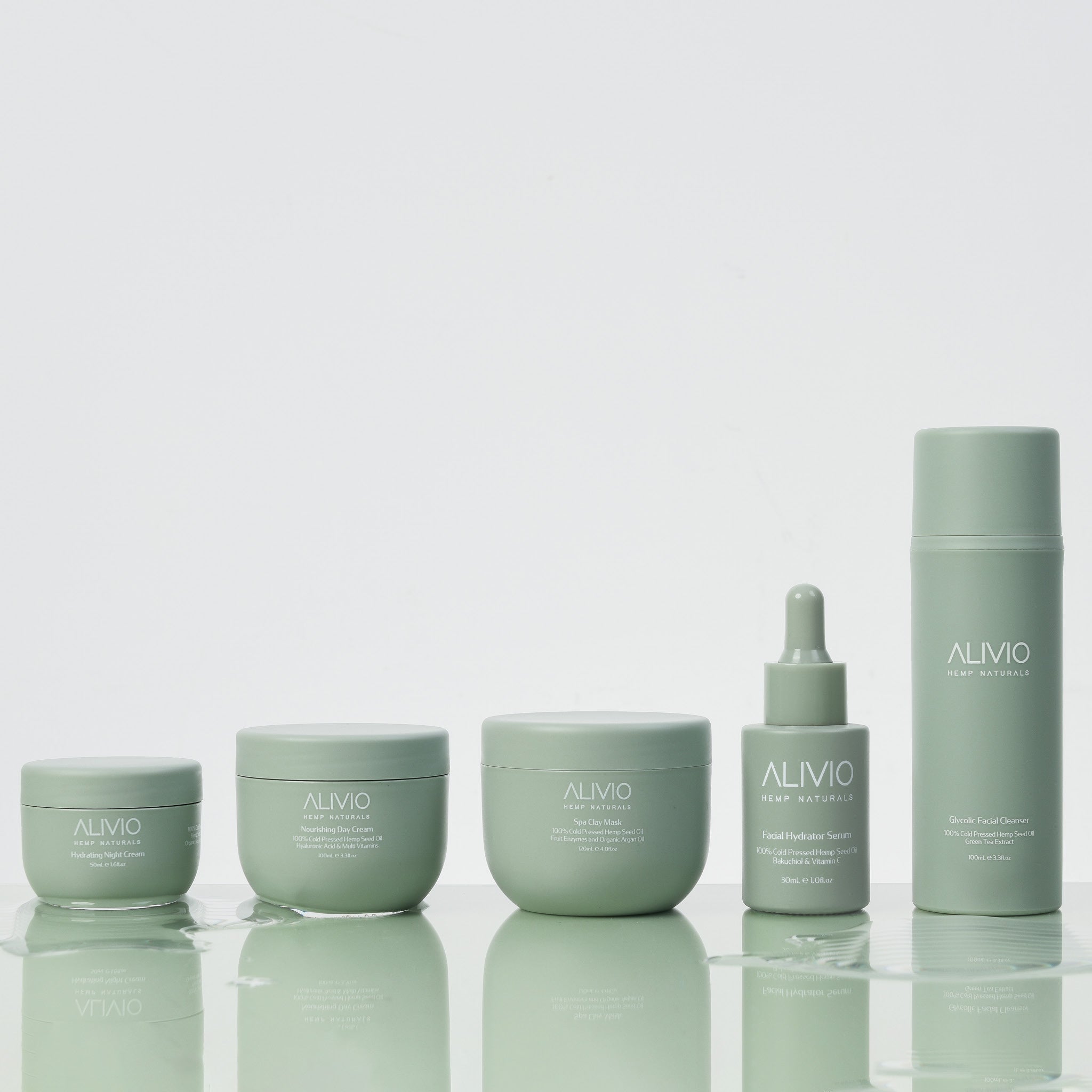 Alivio Wellness Complete Wellness Bundle: a comprehensive skincare routine featuring  Glycolic Face Wash for gentle exfoliation, Facial Hydrator Serum for hydration and protection, Nourishing Day Cream for daily hydration and protection, Hydrating Night Cream for deep overnight nourishment, and Clay Mask for deep cleansing and purification.