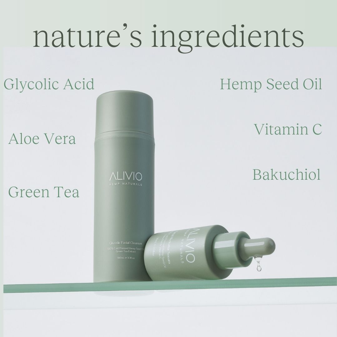 Alivio Wellness Cleanse & Hydrate Bundle: Glycolic Acid Cleanser for gentle exfoliation, and Hydrating Facial Serum with Hemp Seed Oil, Aloe Vera, Vitamin C, Green Tea, and Bakuchiol for nourished and radiant skin.